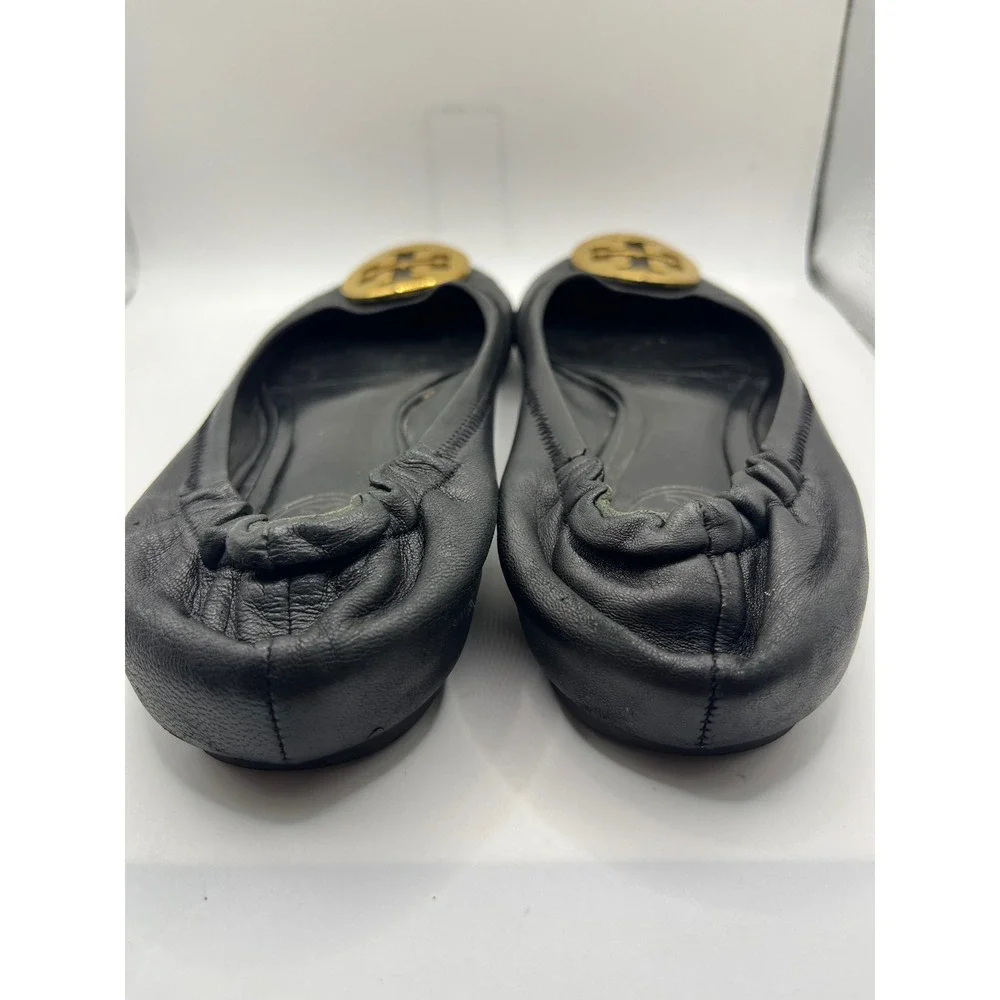 Tory Burch Black Leather Minnie Travel‎ Ballet Flats Gold Logo Women's Size